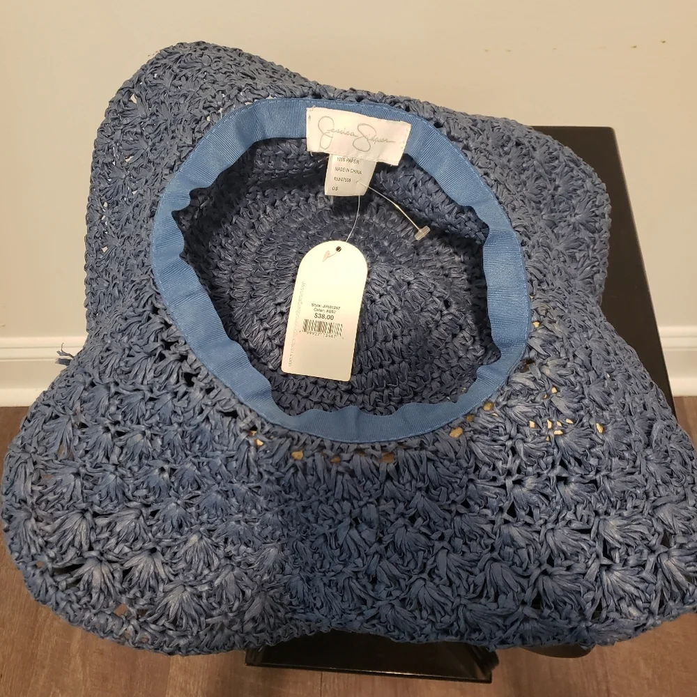 Jessica Simpson Women's Black Floppy Beach‎ Straw Hat With Polka Dot Bow NWT